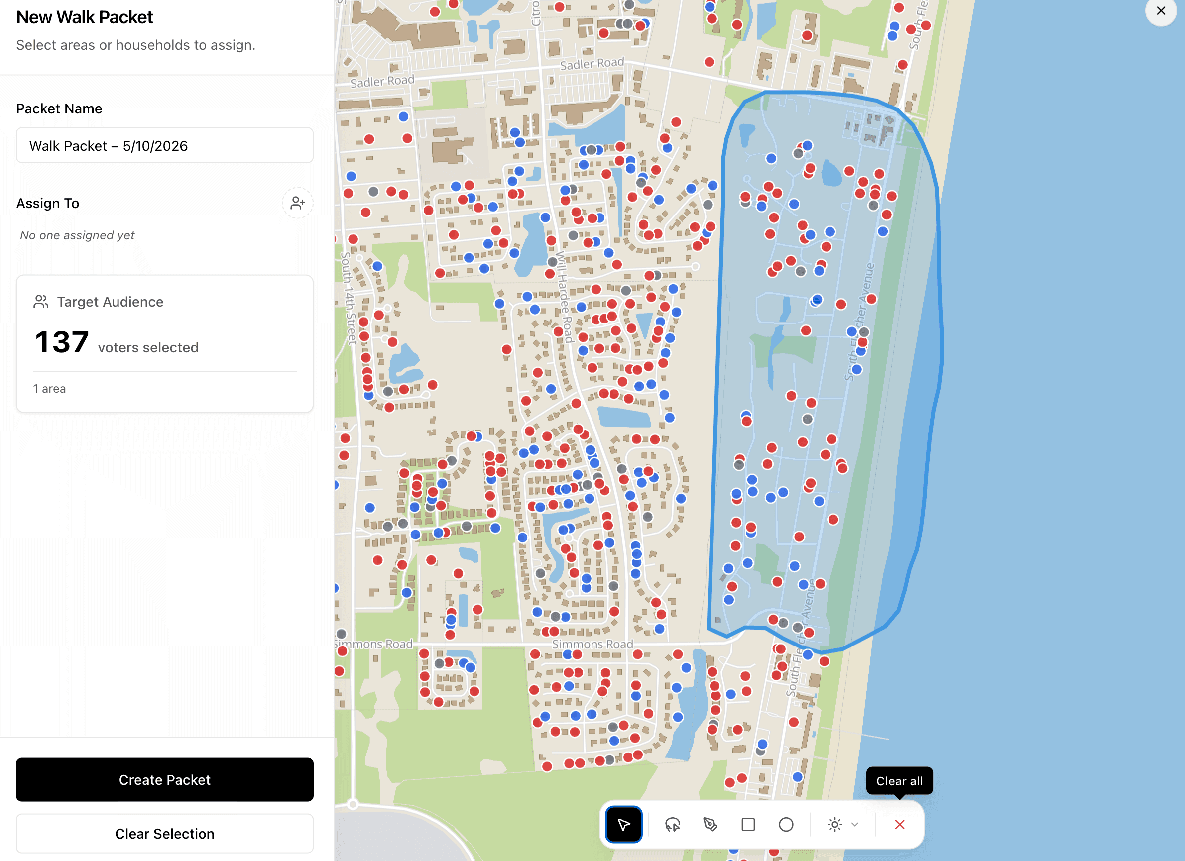 Neurelect canvassing tool: create a walk packet by drawing a polygon on the map