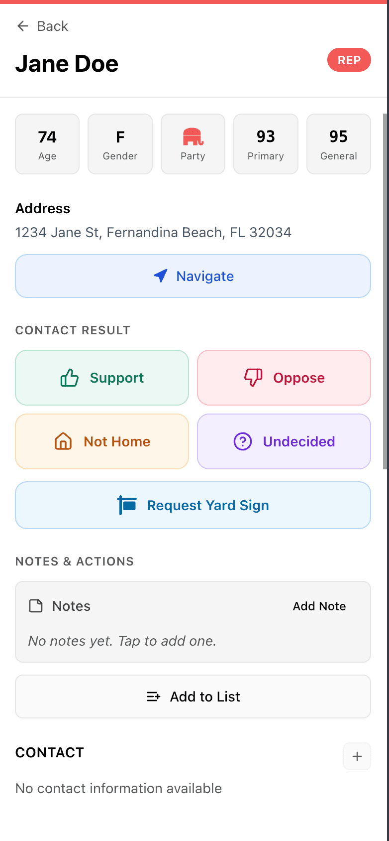 Voter detail with one-tap outcomes