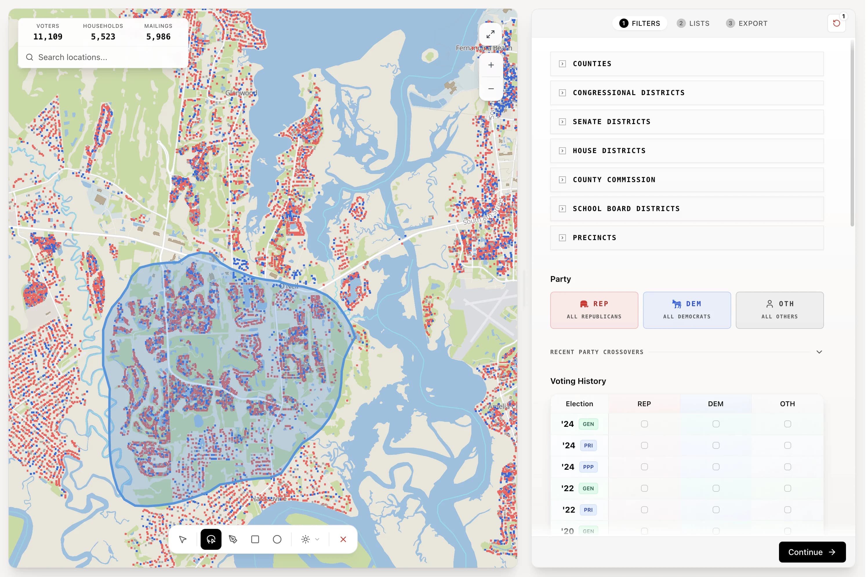 Targeting tools with map selection and filters