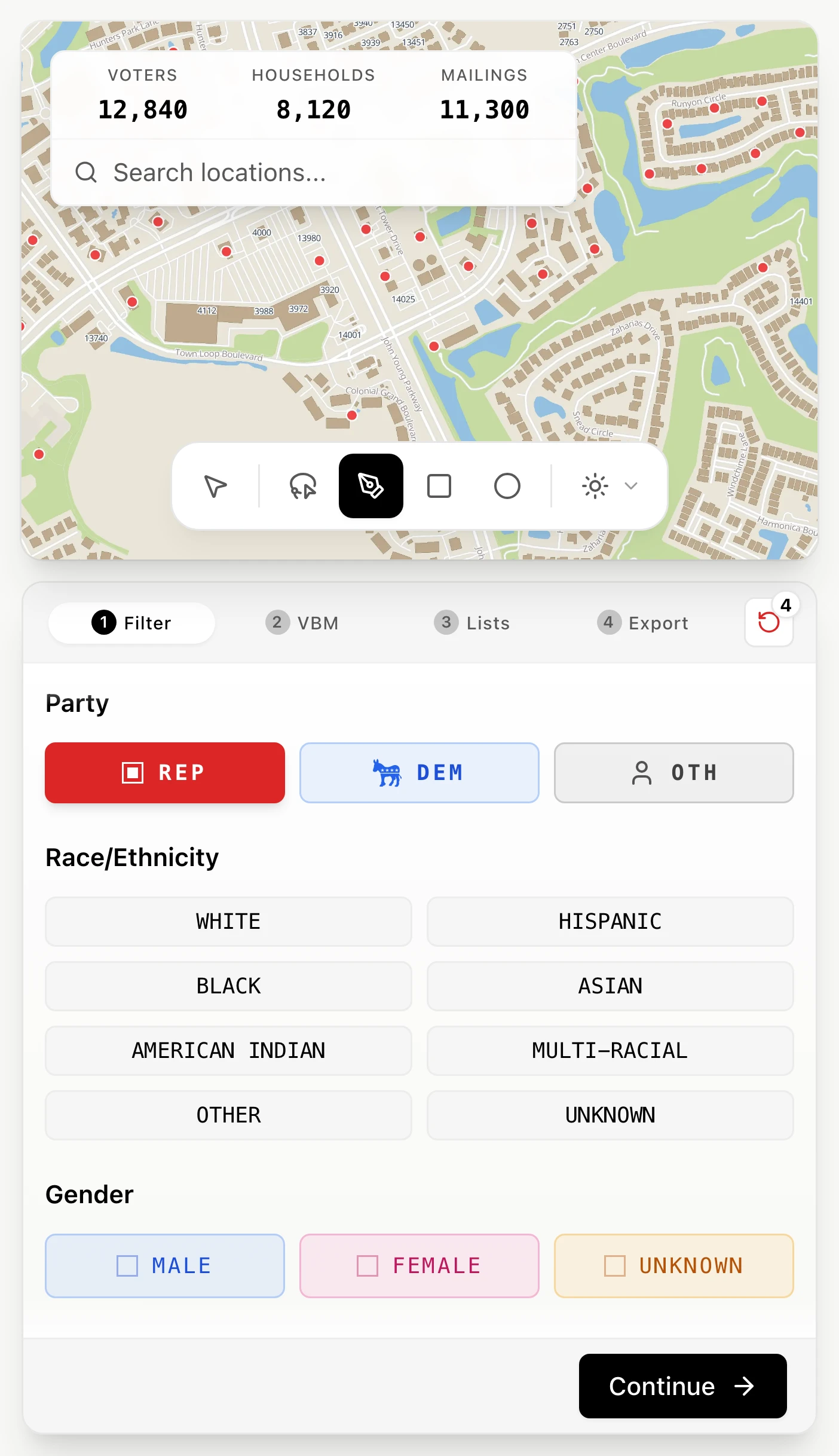 Neurelect targeting — voters on the map with party, score, and region filters