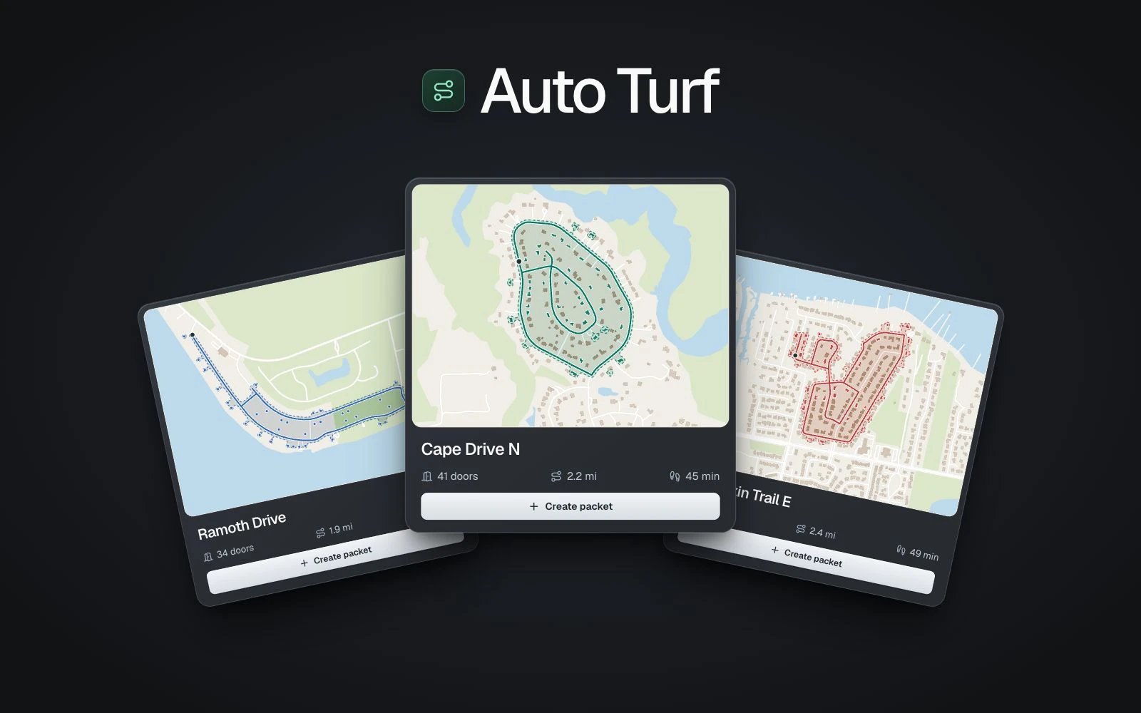 Auto Turf suggestions with maps, door counts, and walking distances