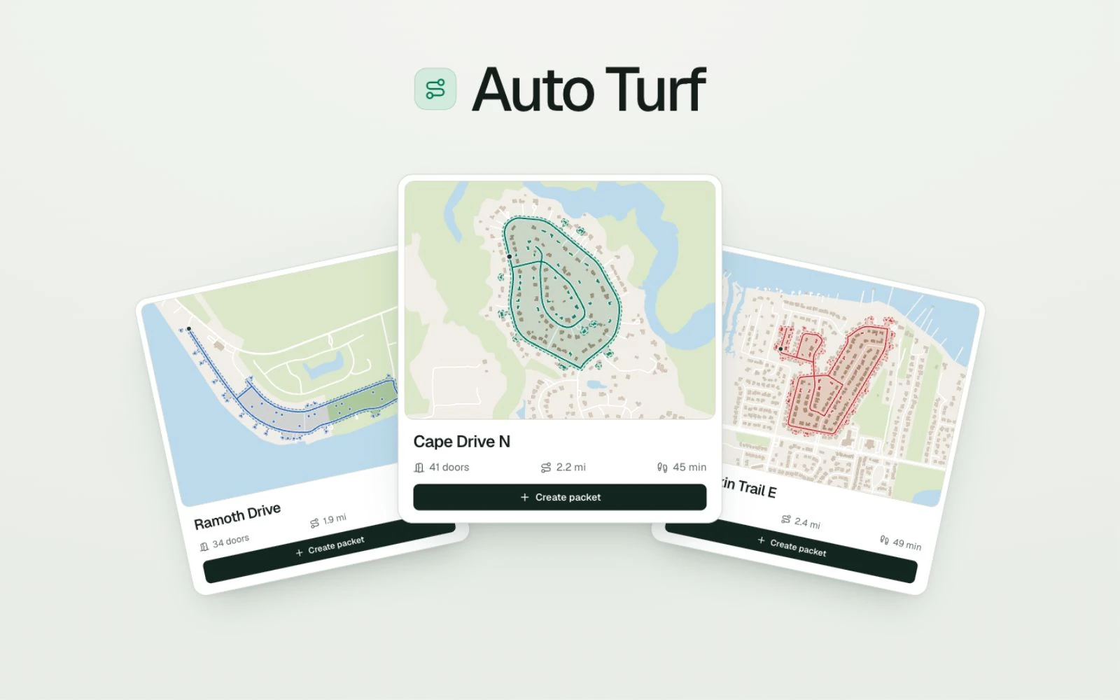 Auto Turf suggestions with maps, door counts, and walking distances