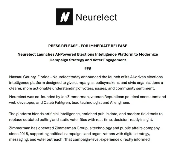 Neurelect Launches AI-Powered Elections Intelligence Platform to Modernize Campaign Strategy and Voter Engagement