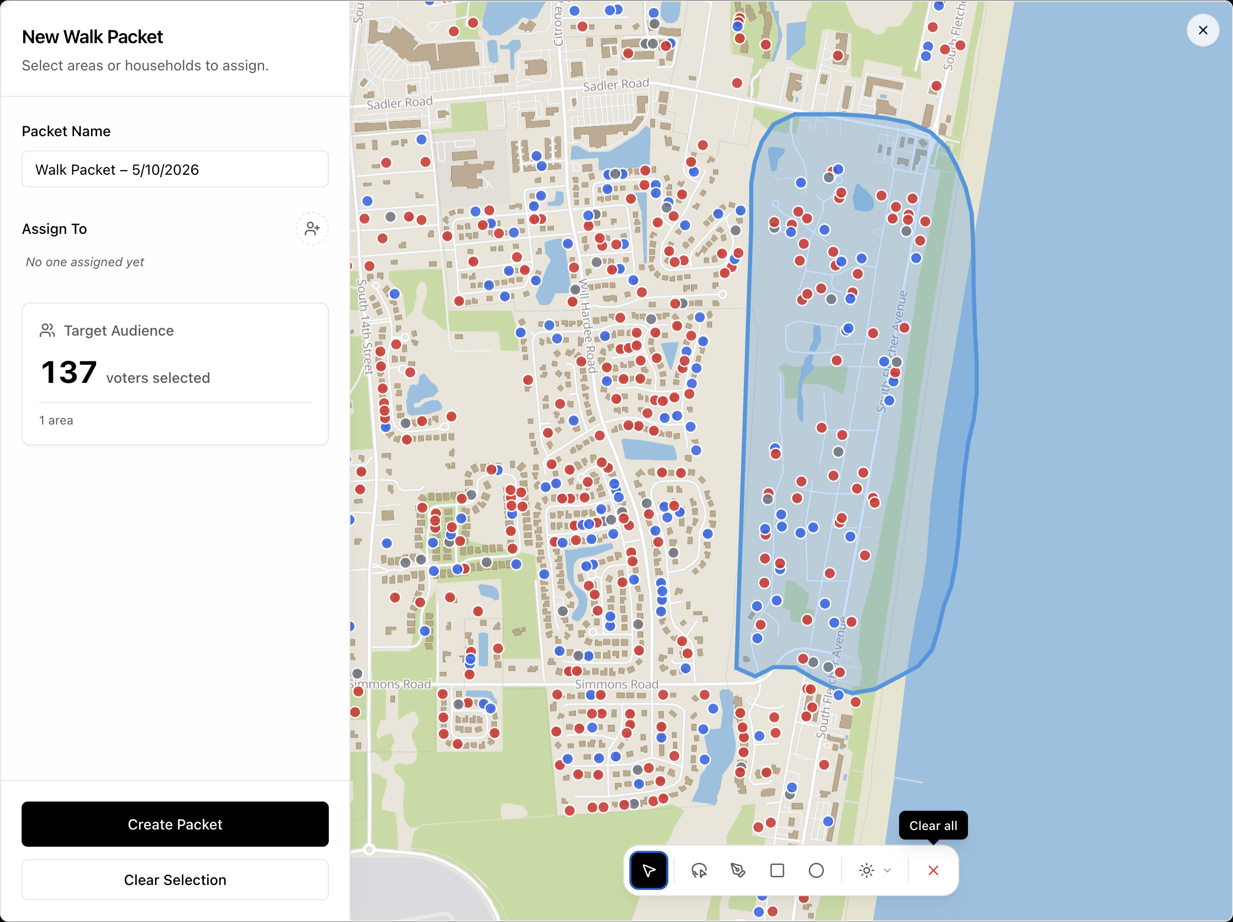 Create Walk Packet dialog with a polygon drawn on the map selecting 137 voters