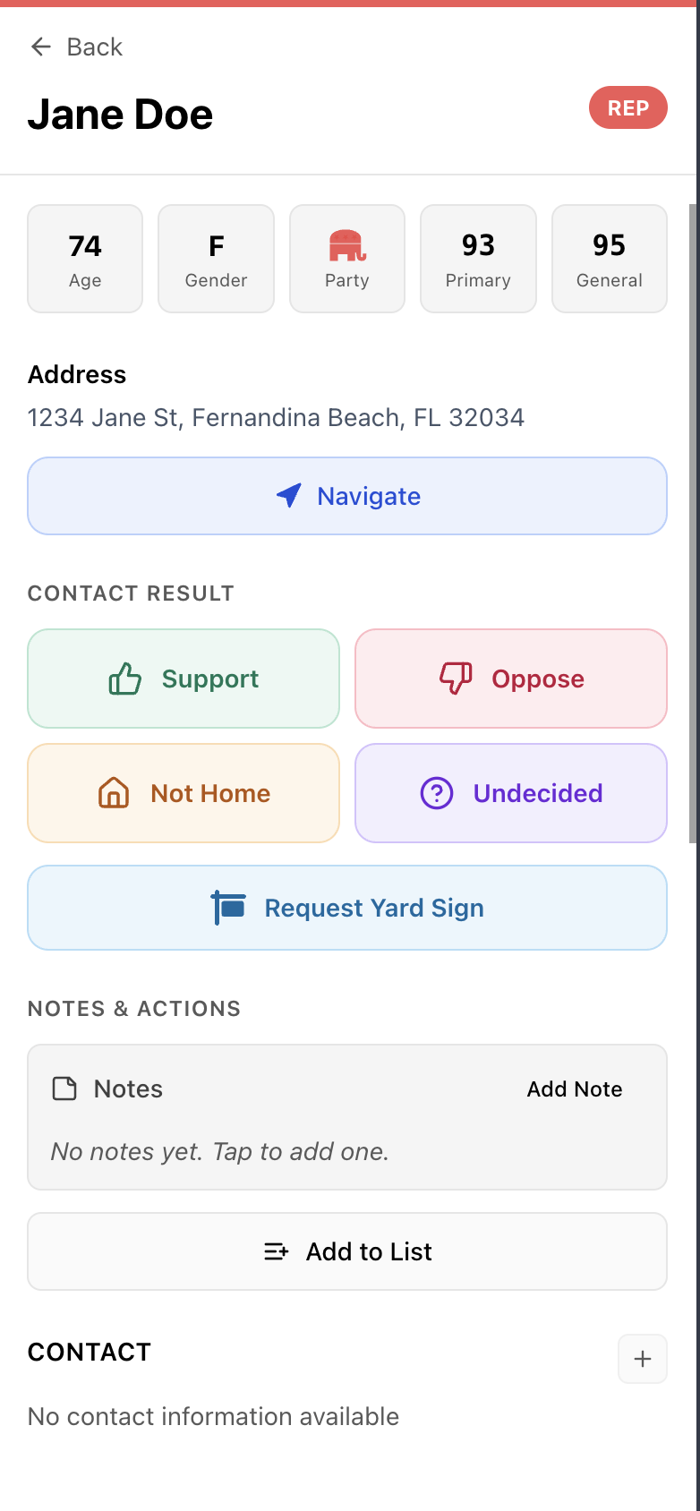 Voter detail screen with one-tap outcome buttons