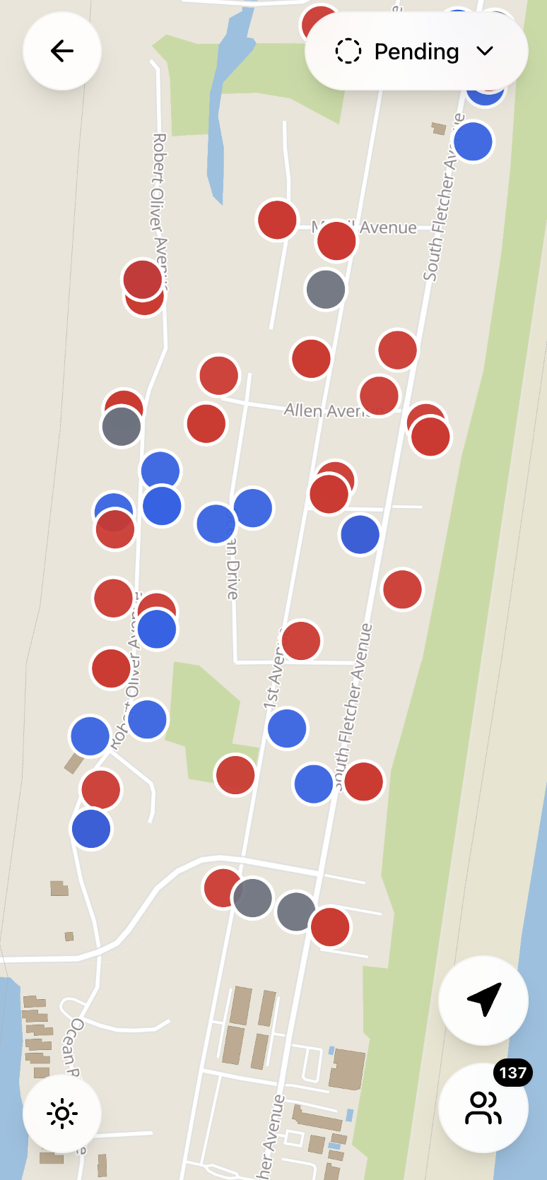 Walk app map view showing all assigned homes color-coded by outcome