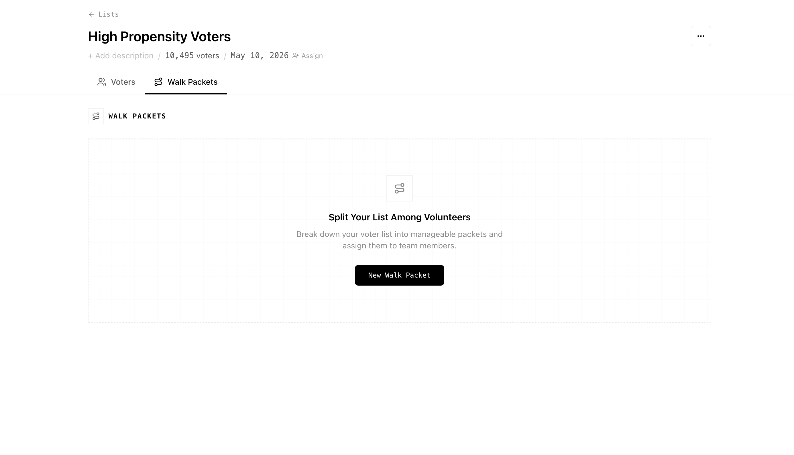 The Walk Packets tab on a voter list, with an empty state prompting to create the first packet